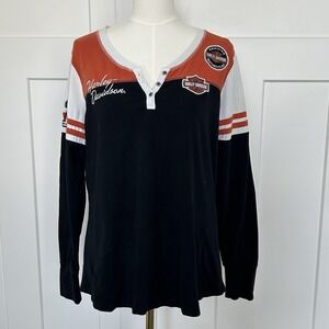 Harley Davidson Women's LARGE Long Sleeve Henley - White Black Orange EUC!